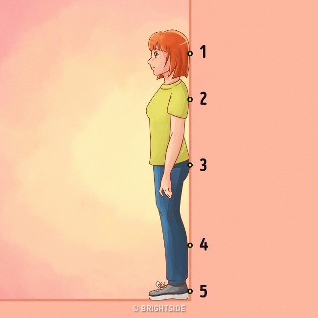 Đứng thẳng, dựạ vào tường giảm tình trạng gù lưng