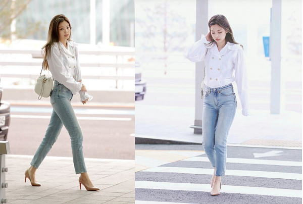 Phong cách thời trang sân bay Jennie thanh lịch cùng skinny jeans với áo blouse trắng