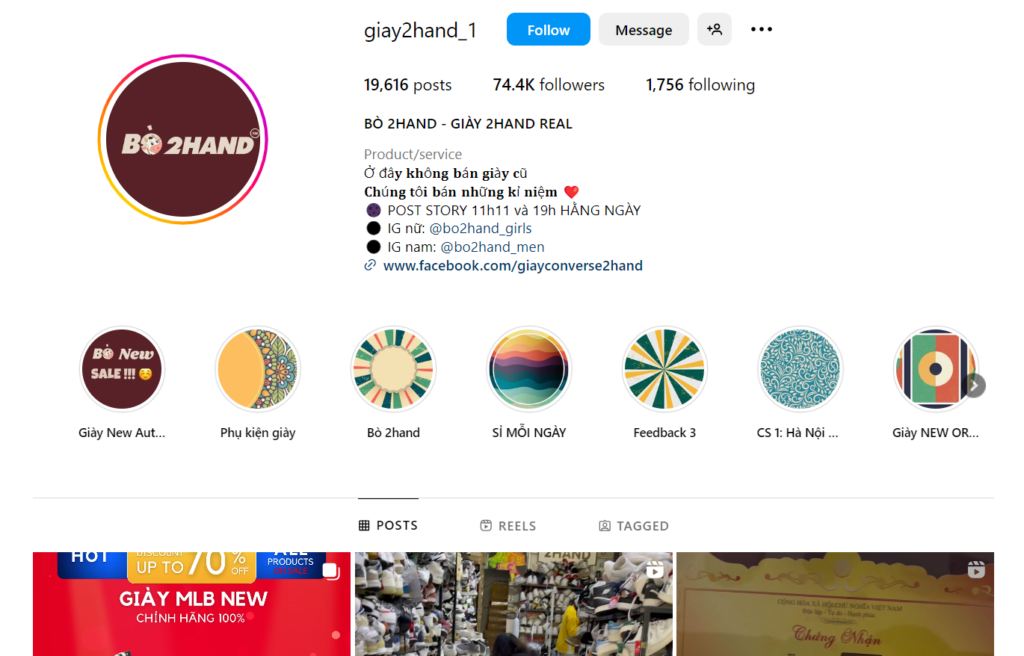 Trang Instagram của tiệm giày secondhand Bò 2hand