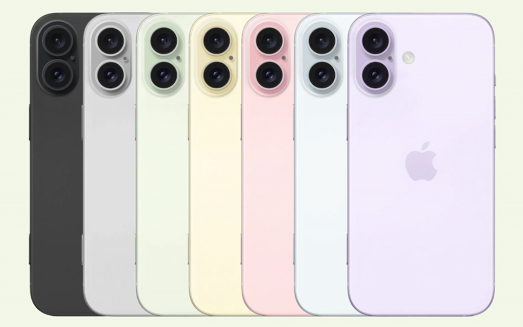 Image of the back of multiple iPhones in various colors, including black, white, cream, pink, and purple