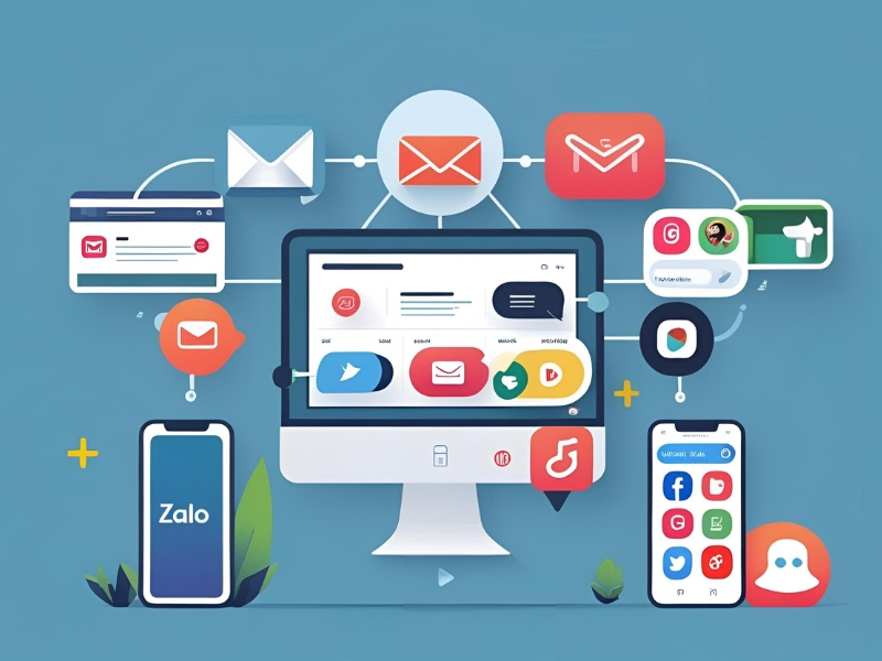 Minh họa đa nền tảng tiếp thị số gồm mạng xã hội, email, website, mobile apps và quảng cáo trực tuyến trong chiến lược marketing tích hợp.