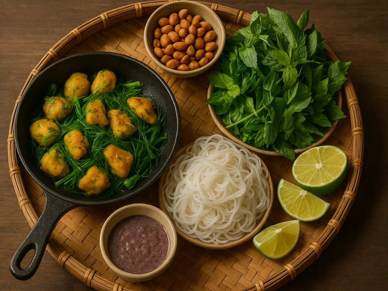 Mâm ăn chả cá truyền thống đầy đủ món