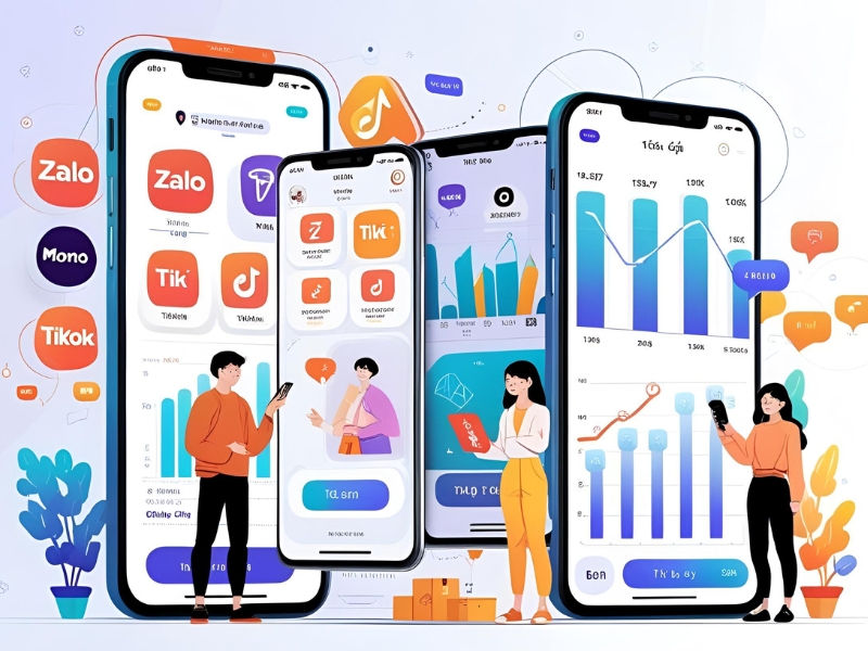 Các ứng dụng số phổ biến tại Việt Nam như Zalo, MoMo, Tiki và TikTok Shop được trình bày trên màn hình điện thoại, kèm biểu đồ tăng trưởng và người dùng trẻ tương tác.