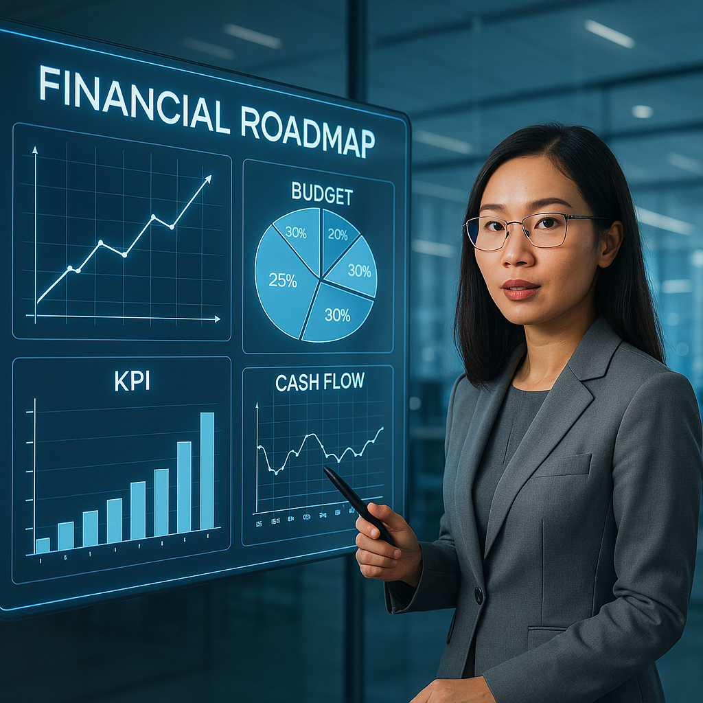 Giám đốc tài chính người Việt đang trình bày kế hoạch ngân sách và dòng tiền trên bảng điện tử thông minh, thể hiện vai trò trọng yếu của tài chính trong chiến lược kinh doanh.