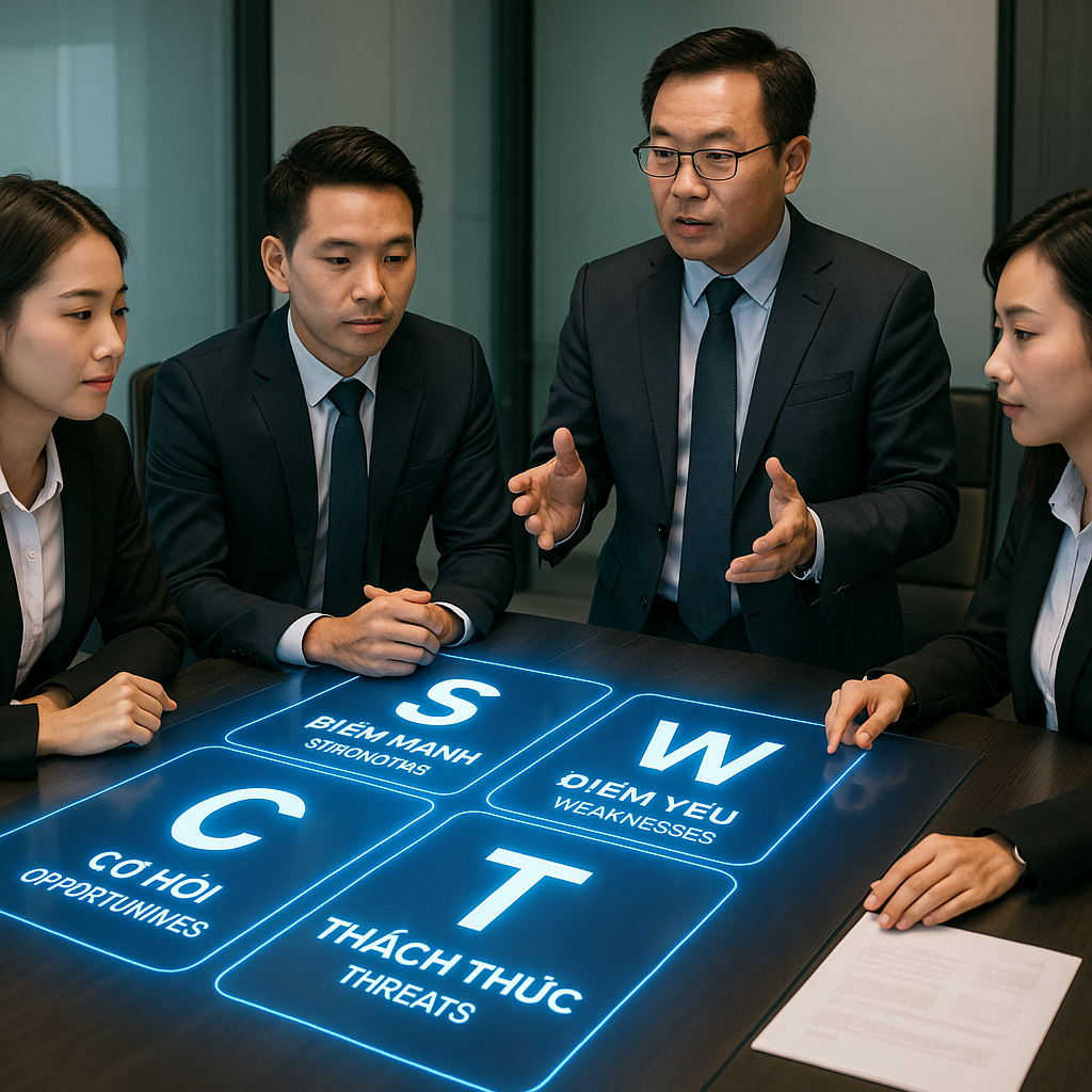 Giám đốc tài chính người Việt đang trình bày kế hoạch ngân sách và dòng tiền trên bảng điện tử thông minh, thể hiện vai trò trọng yếu của tài chính trong chiến lược kinh doanh.
