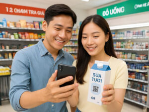 Cặp đôi người Việt quét mã QR trên hộp sữa trước khi mua sản phẩm