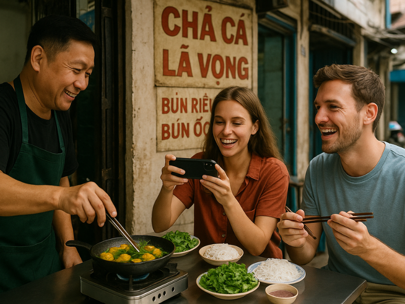 Khách du lịch nước ngoài thưởng thức món ăn