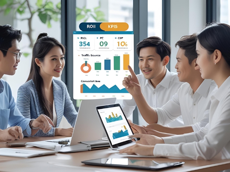 Dashboard hiển thị dữ liệu đo lường chiến dịch digital marketing với biểu đồ hiệu suất kênh, lượt truy cập, chuyển đổi và ROI.