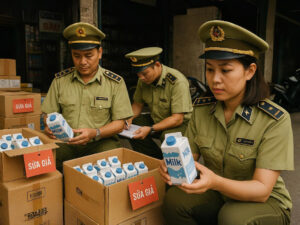 Cán bộ quản lý thị trường đang kiểm tra và thu giữ sữa giả trong kho