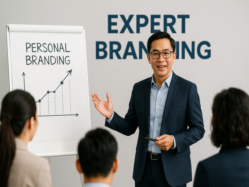 Chuyên gia Việt Nam đang thuyết trình về xây dựng thương hiệu cá nhân, minh họa bằng biểu đồ và flipchart