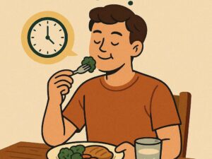 Phương án giảm cân khoa học của người đàn ông đang ngồi ăn rau củ và thịt một cách từ tốn, bên cạnh là biểu tượng đồng hồ
