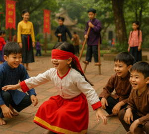 Trẻ em bịt mắt chơi bịt mắt bắt dê, xung quanh có bạn bè cười nói và cảnh quan đình làng.