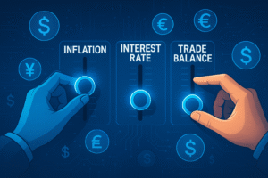Bàn tay điều chỉnh các cần số kỹ thuật số có nhãn “Inflation”, “Interest Rate”, “Trade Balance” giữa biểu tượng tiền tệ quốc tế, nền công nghệ màu xanh.