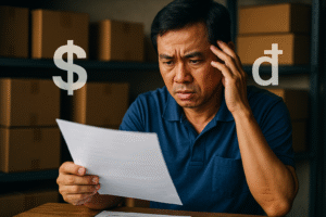 Chủ doanh nghiệp nhỏ người Việt cầm hóa đơn vận chuyển với nét mặt lo lắng, xung quanh là các thùng hàng và biểu tượng USD, VND.