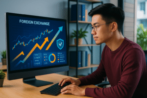 Chuyên gia trẻ người Việt tại văn phòng hiện đại theo dõi bảng điều khiển tài chính với biểu đồ tỷ giá ngoại tệ, mũi tên tăng và biểu tượng khiên bảo vệ.