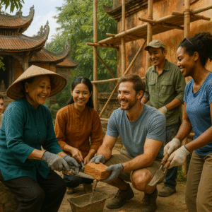 Du khách quốc tế và người dân bản địa cùng tham gia tu sửa chùa – minh chứng cho giá trị cộng đồng và bảo tồn di sản qua du lịch tâm linh.