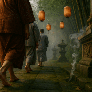 Đoàn người hành hương bước chậm trên con đường đá cổ, giữa làn khói hương và đèn lồng – thể hiện chiều sâu của du lịch tâm linh.