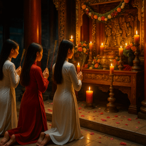 Lễ dâng hương trong trang phục truyền thống tại điện thờ linh thiêng – nét đẹp văn hóa trong hành trình du lịch tâm linh Việt Nam.