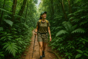 Du lịch mùa hè miền Bắc với hình ảnh du khách trekking trong vườn quốc gia, len lỏi giữa rừng cây xanh mát và ánh nắng nhẹ, thể hiện tinh thần du lịch sinh thái Việt Nam