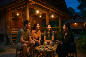 Du lịch mùa hè miền Bắc cùng trải nghiệm homestay nhà sàn truyền thống, nơi du khách dùng bữa tối, giao lưu văn hóa và tận hưởng không gian ấm cúng giữa núi rừng