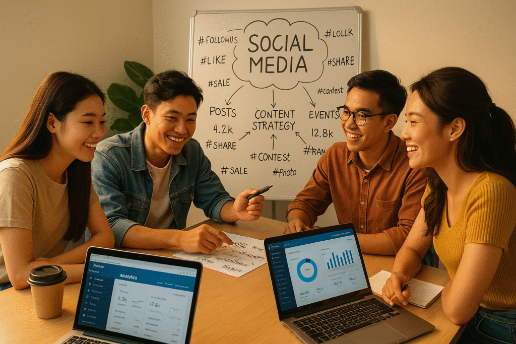 Một nhóm nhân viên digital marketing trẻ người Việt đang cùng nhau động não về chiến lược mạng xã hội trong một văn phòng hiện đại tại TP. Hồ Chí Minh. Bảng trắng hiện rõ các hashtag, loại bài đăng và chỉ số tương tác. Laptop mở hiển thị bảng điều khiển của Facebook, TikTok và Instagram. Ánh sáng ấm áp, trang phục năng động theo phong cách hiện đại, không khí làm việc hợp tác và sáng tạo.