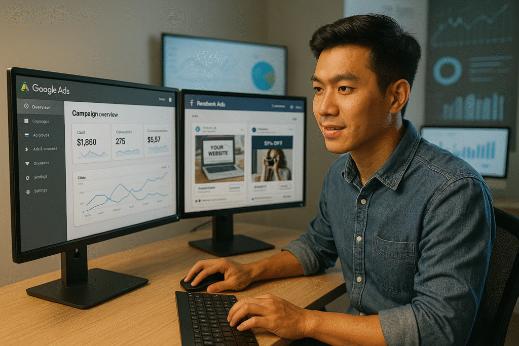 Một doanh nhân người Việt đang khởi động chiến dịch digital marketing quảng cáo trực tuyến, sử dụng giao diện Google Ads và Facebook Ads trên hai màn hình. Một màn hình hiển thị các chỉ số hiệu suất quảng cáo, màn còn lại thể hiện nội dung sáng tạo của quảng cáo. Không gian làm việc hiện đại với nhiều màn hình kỹ thuật số và đồ thị phân tích ở nền, phong cách UX gọn gàng và chuyên nghiệp.