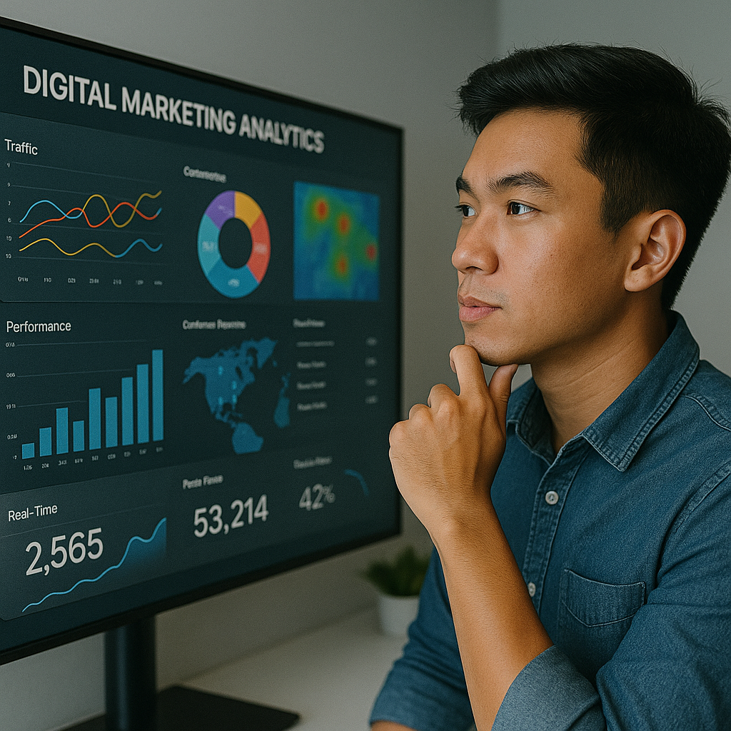Một nhà phân tích dữ liệu digital marketing người Việt đang xem xét các chỉ số phân tích kỹ thuật số trên một màn hình dashboard lớn. Màn hình hiển thị biểu đồ màu sắc, bản đồ nhiệt và dữ liệu hành vi khách hàng theo thời gian thực. Môi trường văn phòng thông minh với thiết kế tối giản và các công cụ hỗ trợ ra quyết định dựa trên dữ liệu.