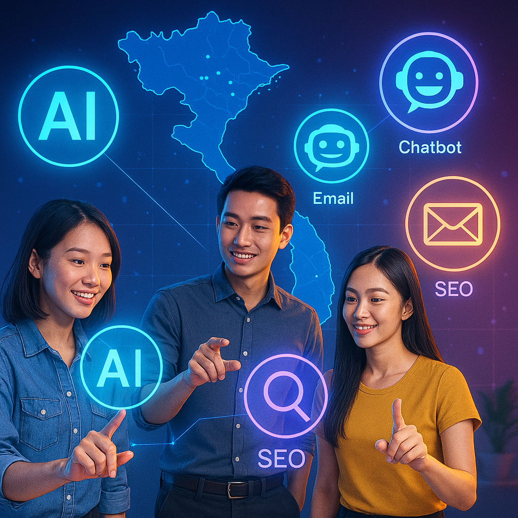 Một hình ảnh biểu tượng thể hiện sự chuyển đổi số trong ngành digital marketing tại Việt Nam. Các biểu tượng của AI, chatbot, email marketing, SEO và mạng xã hội lồng ghép chồng lên bản đồ Việt Nam dưới dạng hình ảnh ba chiều. Các chuyên gia trẻ đang tương tác với các biểu tượng này. Phong cách tương lai, yếu tố phát sáng và màu sắc công nghệ sống động.