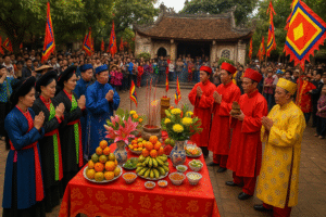 Người dân mặc áo dài khăn đóng diễu hành tại sân đình trong lễ khai mạc truyền thống