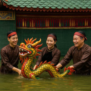 Nghệ nhân trong trang phục truyền thống điều khiển con rối rồng trên mặt nước tại sân khấu múa rối nước trong khuôn khổ lễ hội truyền thống.