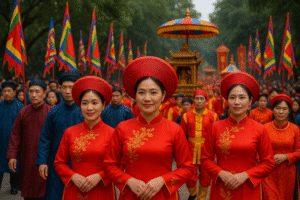 Những người phụ nữ Việt Nam mặc áo dài truyền thống màu đỏ, đầu đội khăn vấn, tham gia đoàn rước kiệu trong khuôn khổ một lễ hội văn hóa cổ truyền