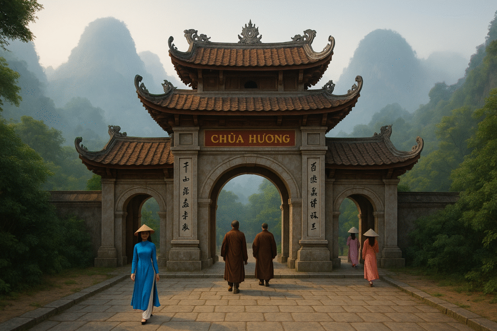 Cổng Tam Quan chùa Hương trong làn sương sớm, khách hành hương mặc áo dài truyền thống - Du lịch Chùa Hương