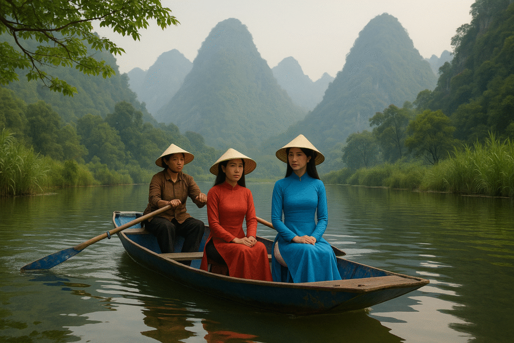 Du khách ngồi thuyền trên suối Yến, hai bên là núi non xanh mướt và hoa nở - Du lịch Chùa Hương