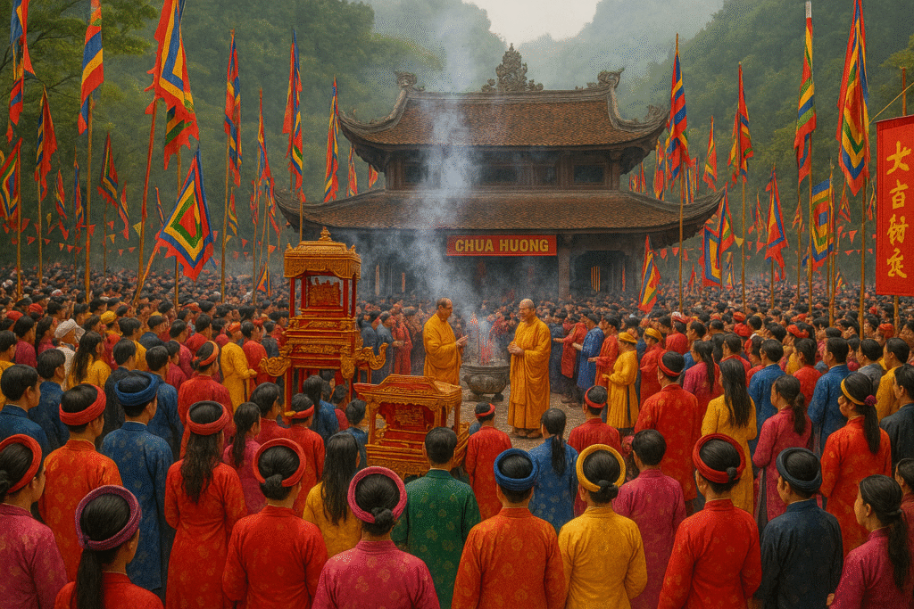 Lễ hội chùa Hương nhộn nhịp với rước kiệu, cờ phướn và khói hương - Du lịch Chùa Hương