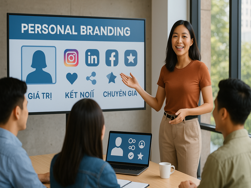 Nữ chuyên gia trẻ tự tin trình bày về xây dựng thương hiệu cá nhân trước nhóm khán giả trẻ, phía sau là màn hình lớn hiển thị các biểu tượng mạng xã hội và từ khoá về giá trị cá nhân.