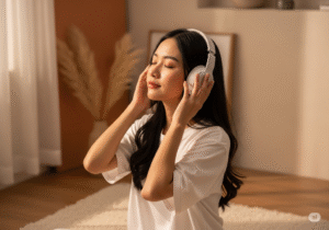 Cô gái Việt Nam đeo tai nghe, thư giãn với âm nhạc trong phòng yên tĩnh là một cách để giảm stress.