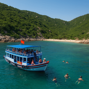 Du khách tham gia tour ghép trên tàu du lịch truyền thống tại vịnh Vĩnh Hy, tắm biển và lặn ngắm san hô gần bãi Bà Điên, với khung cảnh thiên nhiên xanh mướt và nước biển trong vắt.