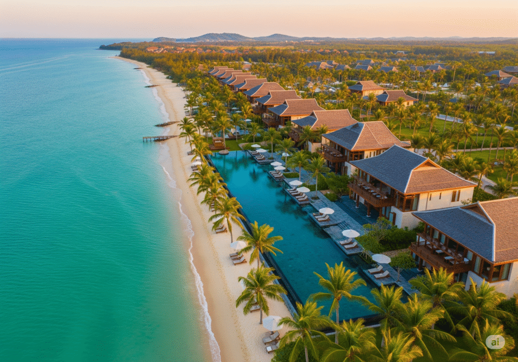 Toàn cảnh resort cao cấp tại Phú Quốc với dãy biệt thự mái ngói truyền thống, hồ bơi vô cực sát biển, hàng dừa xanh và bãi cát trắng trải dài bên làn nước biển trong xanh, tạo nên không gian nghỉ dưỡng sang trọng và yên bình. Toàn cảnh resort cao cấp tại Phú Quốc với dãy biệt thự mái ngói truyền thống, hồ bơi vô cực sát biển, hàng dừa xanh và bãi cát trắng trải dài bên làn nước biển trong xanh, tạo nên không gian nghỉ dưỡng sang trọng và yên bình.