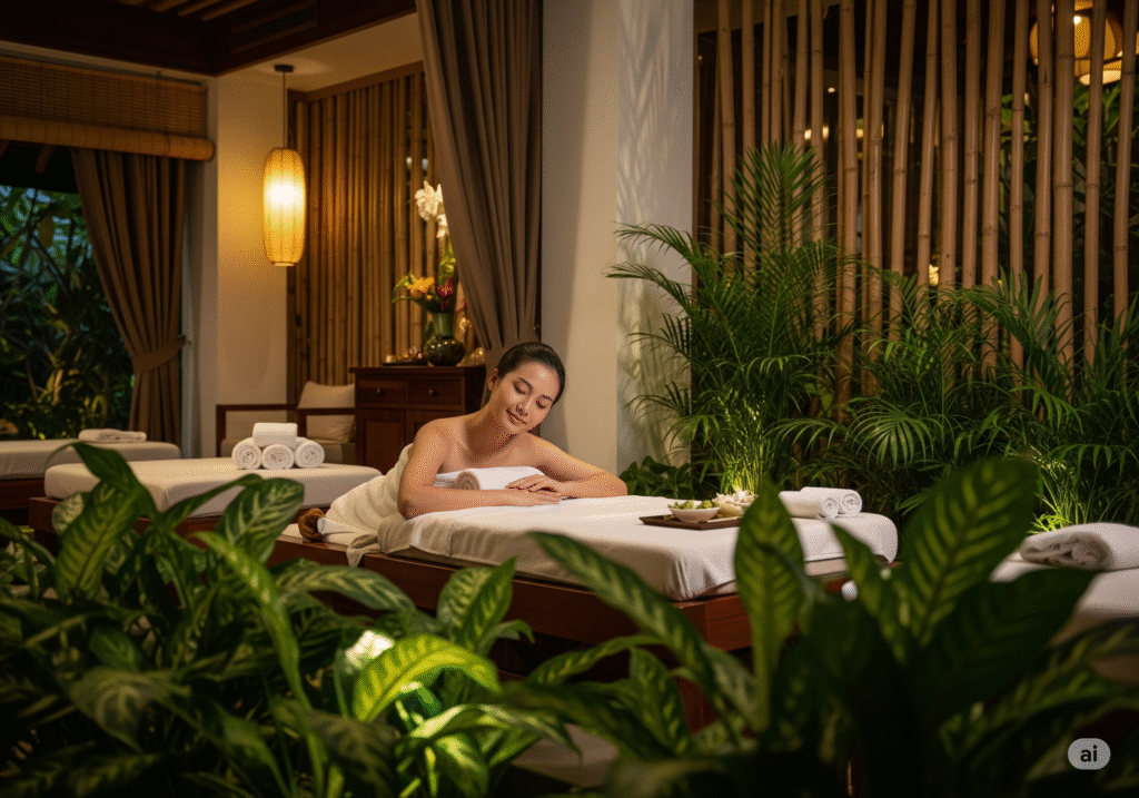 Không gian spa cao cấp trong resort với giường massage, ánh sáng ấm áp, cây xanh và nội thất gỗ tự nhiên, tạo cảm giác thư giãn và gần gũi thiên nhiên cho du khách nghỉ dưỡng.