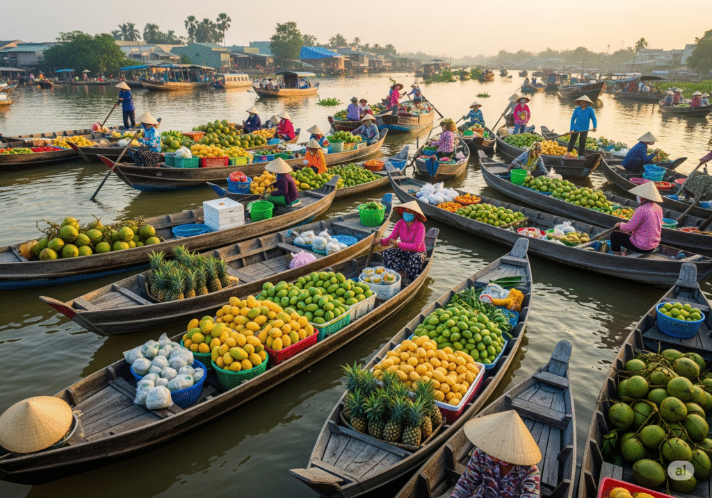 Chợ nổi nhộn nhịp lúc bình minh, nhiều thuyền nhỏ chở xoài, thơm, dừa; người mua kẻ bán rộn ràng, khung cảnh sông nước sinh động, nắng nhẹ phản chiếu trên mặt nước, không khí bản địa miền Tây.