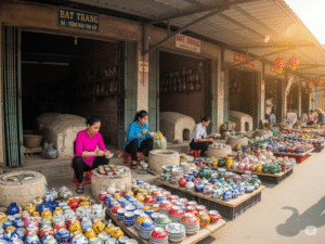 Làng gốm Bát Tràng nhộn nhịp với những lò nung truyền thống và các nghệ nhân lành nghề đang tạo hình gốm.