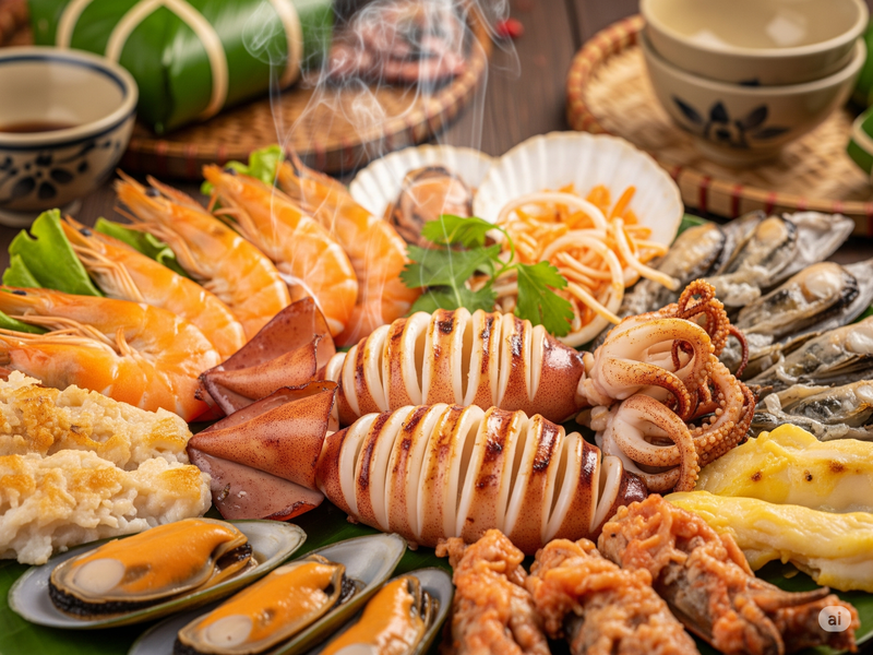 Ảnh cận cảnh đĩa hải sản tươi ngon, hấp dẫn của Cửa Lò như mực nháy, tôm, ghẹ... Màu sắc và hương vị đặc trưng của ẩm thực biển miền Trung