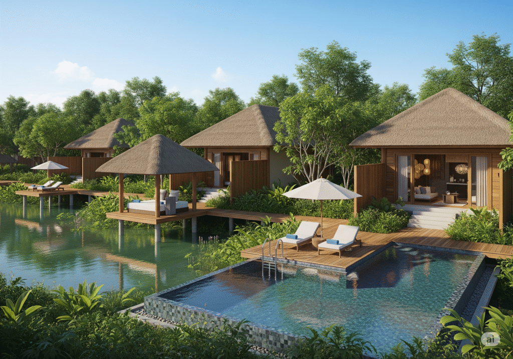 Dãy biệt thự resort cao cấp với mái lá truyền thống, hồ bơi riêng và không gian xanh bao quanh, tọa lạc bên hồ nước trong lành, là điểm đến du lịch nghỉ dưỡng lý tưởng, tạo cảm giác yên bình và thư giãn cho du khách. Dãy biệt thự resort cao cấp với mái lá truyền thống, hồ bơi riêng và không gian xanh bao quanh, tọa lạc bên hồ nước trong lành, là điểm đến du lịch nghỉ dưỡng lý tưởng, tạo cảm giác yên bình và thư giãn cho du khách.