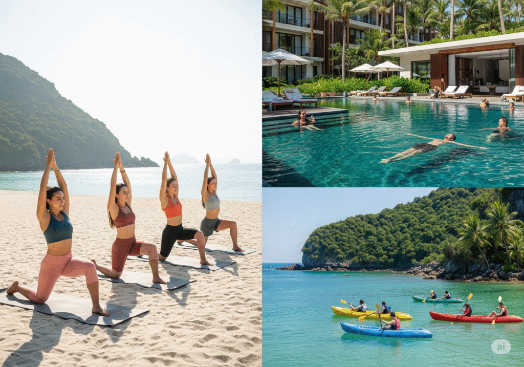 Ba hình ảnh ghép: nhóm du khách tập yoga trên bãi biển cát trắng, du khách bơi lội và thư giãn tại hồ bơi hiện đại giữa khuôn viên resort xanh mát, nhóm người chèo thuyền kayak trên biển xanh trong, bao quanh là núi non và thiên nhiên tươi đẹp. Ba hình ảnh ghép: nhóm du khách tập yoga trên bãi biển cát trắng, du khách bơi lội và thư giãn tại hồ bơi hiện đại giữa khuôn viên resort xanh mát, nhóm người chèo thuyền kayak trên biển xanh trong, bao quanh là núi non và thiên nhiên tươi đẹp.