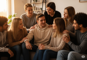 Một nhóm bạn trẻ ngồi quây quần cùng nhau, tay nắm tay hoặc đang trò chuyện thân mật. Ánh nhìn cảm thông, nụ cười nhẹ và cử chỉ hỗ trợ cho thấy sự sẻ chia chân thành – thông điệp về sự quan trọng của kết nối con người trong việc chữa lành tổn thương tinh thần.