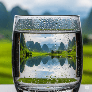 Cận cảnh ly nước mát lạnh, phản chiếu khung cảnh thiên nhiên Việt Nam tươi đẹp, thể hiện sự tinh khiết và sảng khoái của việc uống đủ nước.