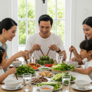 Gia đình Việt Nam quây quần bên bữa ăn, với những ly nước được bày biện trang trọng, thể hiện sự quan tâm đến sức khỏe và việc uống đủ nước.