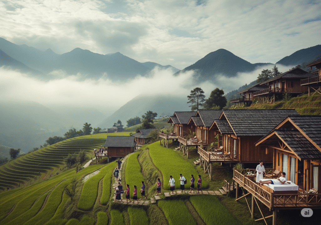 Khu nghỉ dưỡng cao cấp tại Sapa với các bungalow gỗ nằm dọc theo sườn đồi ruộng bậc thang xanh mướt, du khách thư giãn trên ban công, người dân bản địa trong trang phục truyền thống, phông nền là núi non hùng vĩ và mây mù bao phủ. Khu nghỉ dưỡng cao cấp tại Sapa với các bungalow gỗ nằm dọc theo sườn đồi ruộng bậc thang xanh mướt, du khách thư giãn trên ban công, người dân bản địa trong trang phục truyền thống, phông nền là núi non hùng vĩ và mây mù bao phủ.