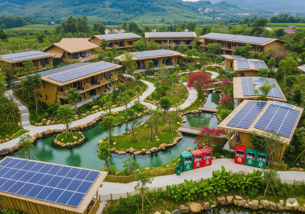 Khu nghỉ dưỡng thân thiện môi trường với các bungalow mái tranh phủ tấm pin năng lượng mặt trời, bao quanh bởi hồ nước xanh trong, cây xanh và lối đi lát đá uốn lượn, nằm giữa cảnh núi non và thiên nhiên tươi đẹp tại Việt Nam.