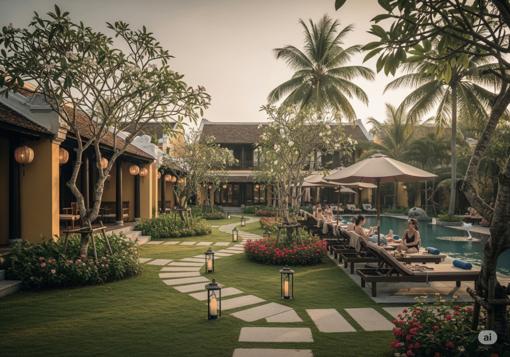 Khuôn viên resort Hội An với lối kiến trúc truyền thống mái ngói đỏ, tường vàng đặc trưng, sân vườn xanh mát, đường đi lát đá uốn lượn, cây cối nhiệt đới và hồ bơi ngoài trời, du khách thư giãn trên ghế dài dưới dù che. Khuôn viên resort Hội An với lối kiến trúc truyền thống mái ngói đỏ, tường vàng đặc trưng, sân vườn xanh mát, đường đi lát đá uốn lượn, cây cối nhiệt đới và hồ bơi ngoài trời, du khách thư giãn trên ghế dài dưới dù che.
